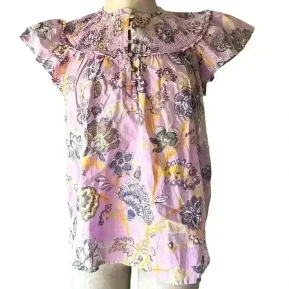 Anthropologie Floral Smocked Ruffle Short Sleeve Blouse XS - Picture 1 of 9